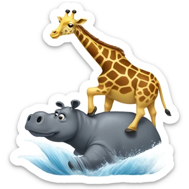 Giraffe riding hippo on a wave sticker