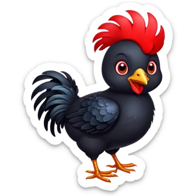 Cinematic Cute Black Chicken Portrait Emoji, Head tilted playfully and inquisitively, featuring sleek, lustrous black feathers and a vibrant red comb, round, sparkling beady eyes filled with curiosity, Simplified yet irresistibly adorable features, highly detailed, glowing with a warm, friendly glow, high shine, affectionate and lively, stylized with a touch of whimsical charm, bright and endearing, soft glowing outline, capturing the essence of a mischievous yet loving chicken, so playful it feels like it could peck out of the screen and into your arms! sticker