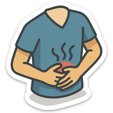 torso in clothing, painful stomach, hands holding stomach, waves of pain, 2d isometric style, shadows and highlights, no face and legs, only torso in clothing, stomach, hands and pain, transparent background sticker