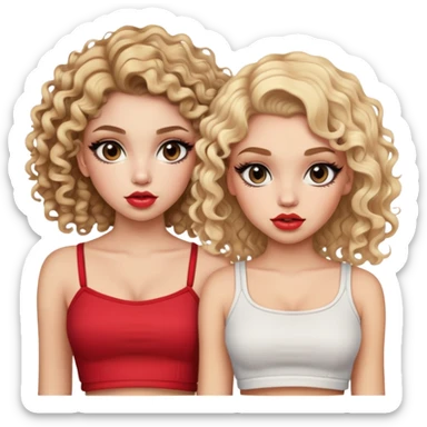 Two teenage girls together, one blonde and one with curly brown hair, both with heavy makeup, big lips, crop tops and choni style clothing sticker