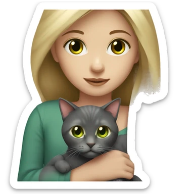 girl with long blonde hair and hazel eyes holding a dark grey cat with green eyes sticker