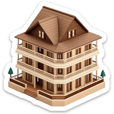 Isometric exterior brown and beige national parks hotel lodge, dollhouse style 3D realistic  sticker