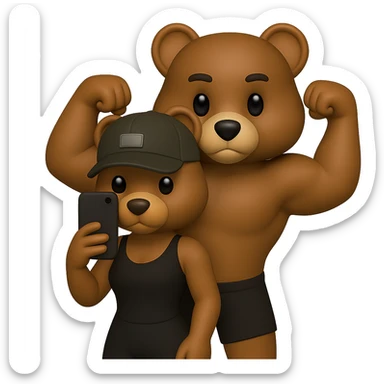 Create two muscle bears in a 3D apple emoji style. The bear in front has a female shape that is slimmer, more athletic, fit, and toned, not fat or bulky. The bear behind has a male shape doing a double biceps pose. Both bears look strong, natural, affectionate, and cute. Maintain the same pose as in the reference images. No background. Inspired by the provided references. sticker