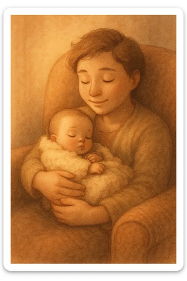 A nurturing illustration of a parent cradling a sleeping baby, warm lighting, cozy chair, soft background, the baby wrapped in a blanket, both faces peaceful and content. sticker