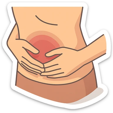 close-up of a person's stomach with hands holding it indicating pain, only stomach and hands visible, no face, 2D isometric illustration style sticker