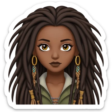 brunette, baddie, dark skin,pretty makeup, black eyeliner, long dreadlocks hair sticker