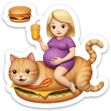 Pregnant person with downsyndrome flying on a cat while eating a cheese burger sticker