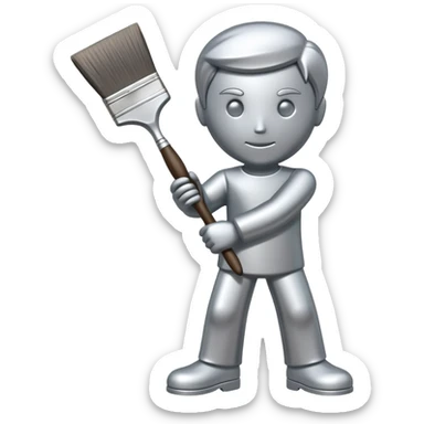 A paintbrush that transforms into a human metal silver silhouette sculpture emblem, symbol of artistic identity, with a highly polished silver metallic finish sticker