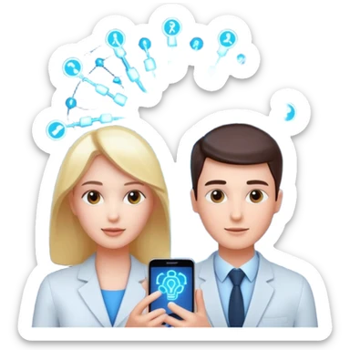 Generate a realistic emoji of a two people using a phone which shows artificial intelligence. Out of the phone is coming 3d ideas and electric symbols  sticker