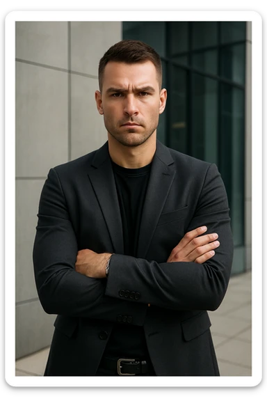 a dominant man with arms crossed, assertive expression, modern look sticker