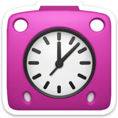 A fucsia alarm clock with black eyes and a white dial for a face sticker