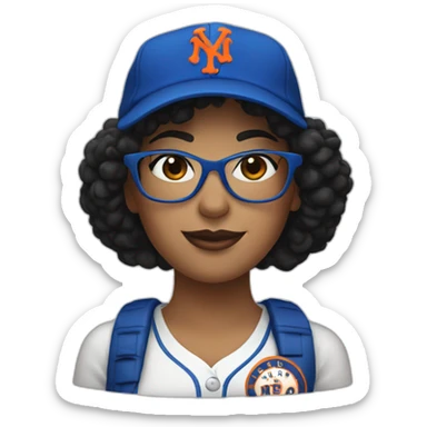 Mom with black curly hair and Mets hat with glasses sticker