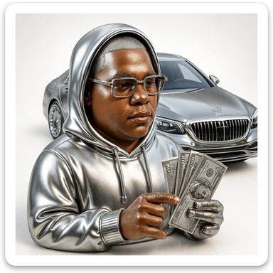 bold chrome style icon of a person with realistic light brown skin, natural facial features, and a naturally missing finger on the hand, wearing a chrome-rendered hoodie and clothing, Cartier glasses, holding detailed US dollar bills instead of money, with a Maybach car in the background, iconic chrome aesthetic sticker