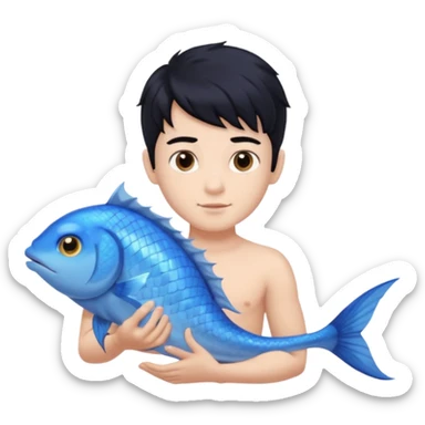 boy, black hair, brown eyes, white skin, Triton, with Triton in hand, blue Triton tail and blue triton fish ears sticker