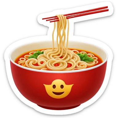 Chinese cuisine humanless avatar in bright emoji-style illustration. Noodles bowl, red and gold colors, simple shapes, flat design, bold and energetic. sticker