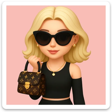Add stylish black sunglasses and gold jewelry including earrings and a necklace to the girl. Keep the pink background and outfit unchanged. Maintain the original style and details of the girl while adding these accessories. sticker