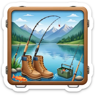 Icon for Fishing Travel: a fishing rod, tackle box, boots, and a boat on a calm lake surrounded by mountains and lush greenery, with fish jumping out of the water. The icon should capture the peaceful and adventurous nature of fishing trips. Transparent background. sticker