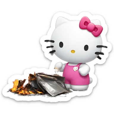 Hello kitty in front of a burning trash  sticker