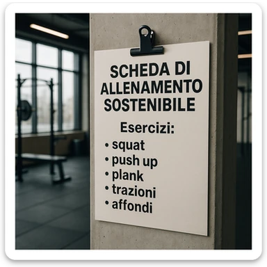 Edit the image to remove the 'Consigli' section from the text. Keep only the text: 'Scheda di allenamento sostenibile', 'Esercizi: squat, push up, plank, trazioni, affondi'. The sustainability refers to the training path, not eco-friendly elements. Maintain a hyperrealistic style, 4K resolution, modern gym setting. sticker