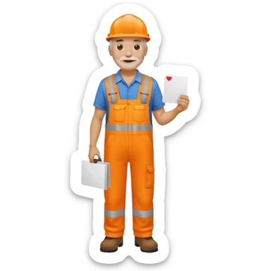 older engineer hi-vis orange overalls standing full body holding a card sticker