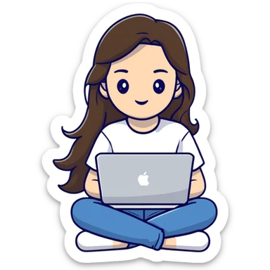 A girl with MacBook and a coffee wearing white shirt and blue jeans sticker