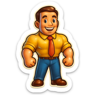 Add a shirt and trousers to the muscular man emoji, keep the style and smiling expression, no background. sticker