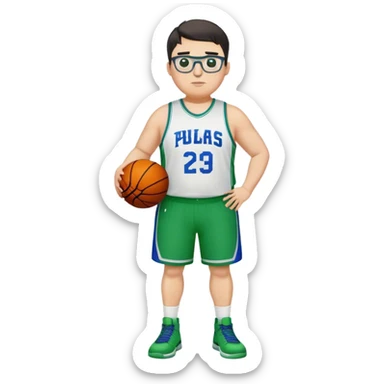 Full Body plus size white male with dark short hair basketball player wearing glasses wearing blue green uniform sticker