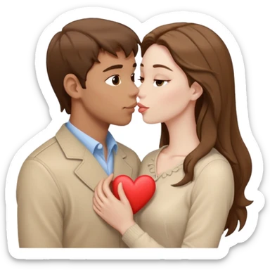 A white man with brown hair in pale beige clothes and a woman in pale beige clothes are kissing with white hearts sticker