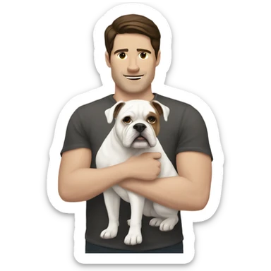 White man with dark brown hair holding white bulldog  sticker