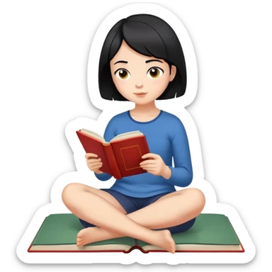 Girl with short hair sitting cross-legged reading an open book sticker