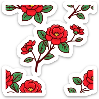 Elegant camellia japonica (tsubaki) bloom with perfect geometric arrangement of deep red petals and serrated green leaves sticker