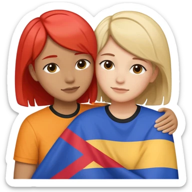 Lesbians hugging. One has short hair other has lond has. Add lesbian flag in the background sticker