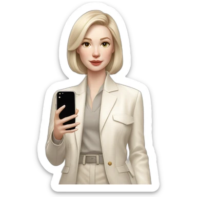 pale skin woman with ash blonde Straightened bob Hair, White Spacious classical jacket, beige palazzo Arrow pants and gray blouse holding white IPhone 15 pro in the hands sticker