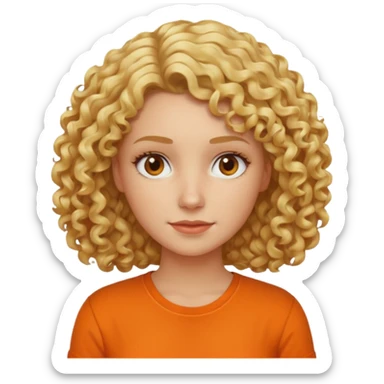 curly blond hair woman in orange shirt no smile sticker