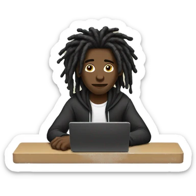 Black-guy-with-dreads-wearing-black-trackstuit-sitting-down-on-chair facing-foward-focused-on-laptop-computer- sticker