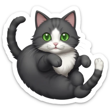 solid dark grey cat with green eyes, white toes/paws and white patch on her chest playfully rolling upside down sticker