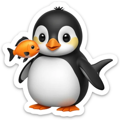 A cute penguin doll holding an orange fish. sticker