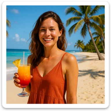 take this picture of a woman and make it  beach photo with drink sticker