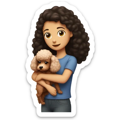 A girl with dark hair hugs a red poodle sticker