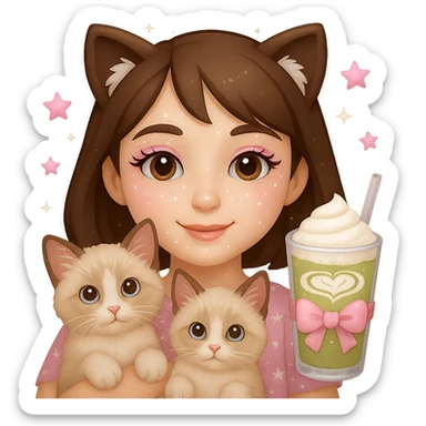 Add a matcha latte to the scene, keeping the Apple emoji style and pink soft girl aesthetic, featuring the girl with short brown hair, makeup, skincare, sparkles, and two light brown ragdoll cats. Maintain the transparent background and the overall Apple emoji style look. sticker