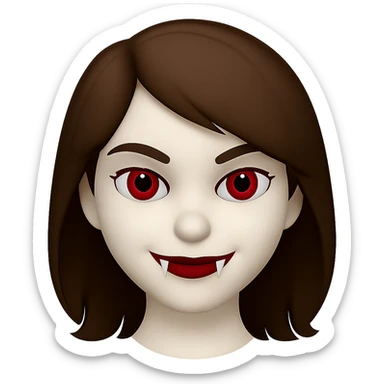 Make the character cute, not laughing, but add something to make her look scary such as fangs, glowing eyes, or a subtle sinister smile. She has brown hair, is a white girl, and has red eyes. Render in emoji style. sticker
