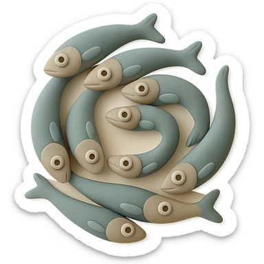 Edit the image to show anchovies arranged in a spiral in fondant cake art style, pastel tones, no background, and no text. sticker