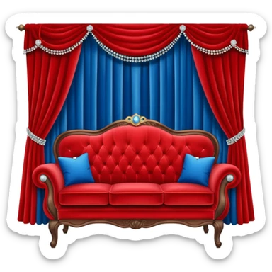Vintage velvet red red sofa with rhinestone buttons and blue curtains in the background sofa with rhinestones buttons sticker
