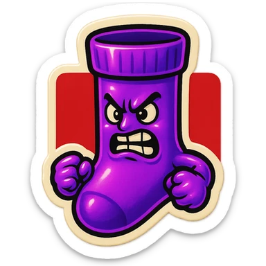 A neon-purple sock with an angry face, clenched fists, and a red background, representing rage or frustration. sticker