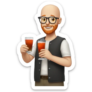 Bald young man with red beard and glasses raising a drink sticker