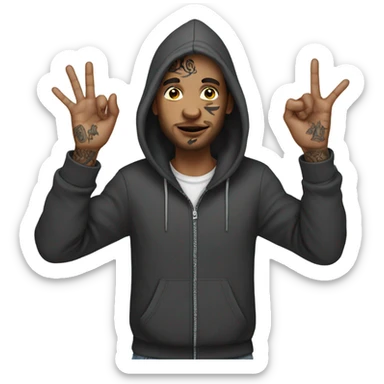 Guy wearing a hoodie holding up 4 fingers up and face tattoos  sticker
