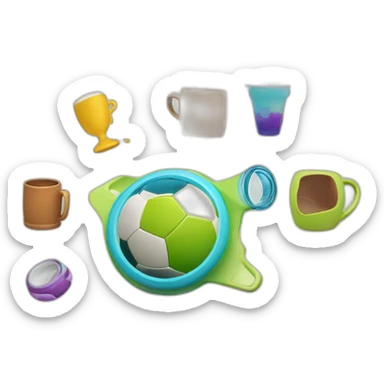 make a circle logo with all shapes of a Soccer ball, person running, wakeboard, sleeping, and swig cup sticker