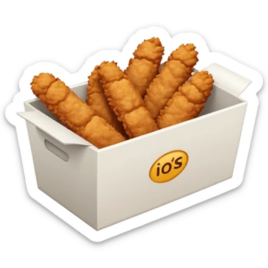 a frontal rectangular white box with no lid, filled with crispy fried chicken fingers sticker