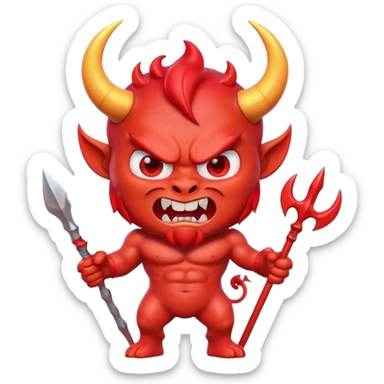 cute 3D red devil emoji, muscular cartoon devil, glossy skin, big curved horns, angry cute face, sharp teeth, holding trident, emoji style, soft lighting, smooth texture, clean background, high quality, digital art sticker