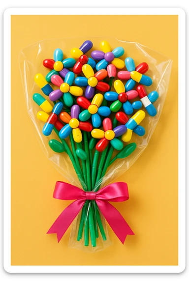 a bouquet made of colorful pills, whimsical and bright, in a clear wrapper sticker